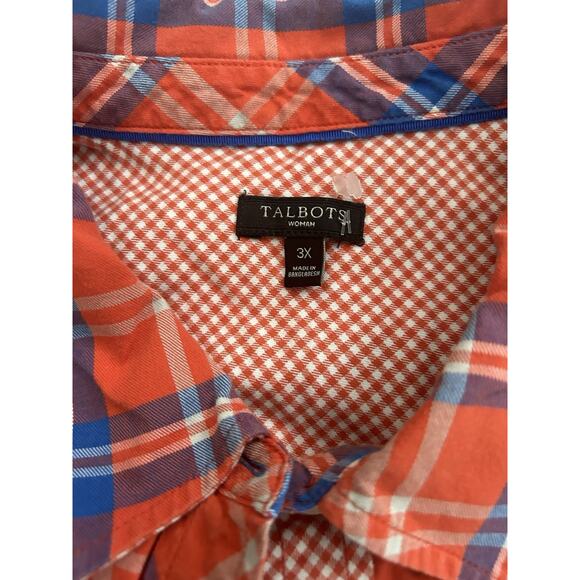 Talbots Plaid Button Collared Blouse Womens Size 3X Orange Blue Casual Comfort - Picture 3 of 7